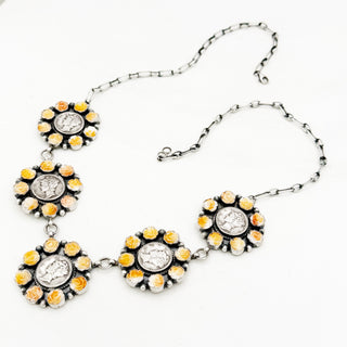 Sheila Tso Orange Spiny Rose and Mercury Dime 5 Cluster Necklace