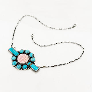 Sheila Tso Pink Conch Rose and Kingman Bar Necklace