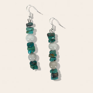 Pair of earrings with turquoise and white beads on a light gray background