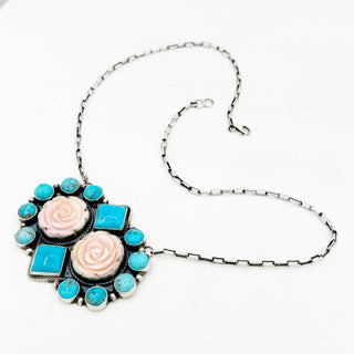 Sheila Tso Pink Conch Rose, Blue Grotto, and Kingman Bar Necklace