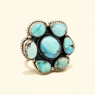Turquoise stone ring with silver setting on a white background