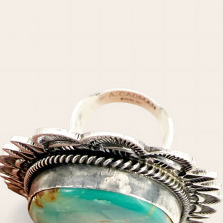 Silver ring with turquoise stone on a white background