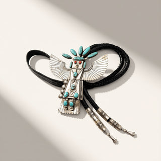 A sterling silver and turquoise Navajo-style bolo strap necklace with a black braided cord, displayed on a warm beige background with soft diagonal shadows.