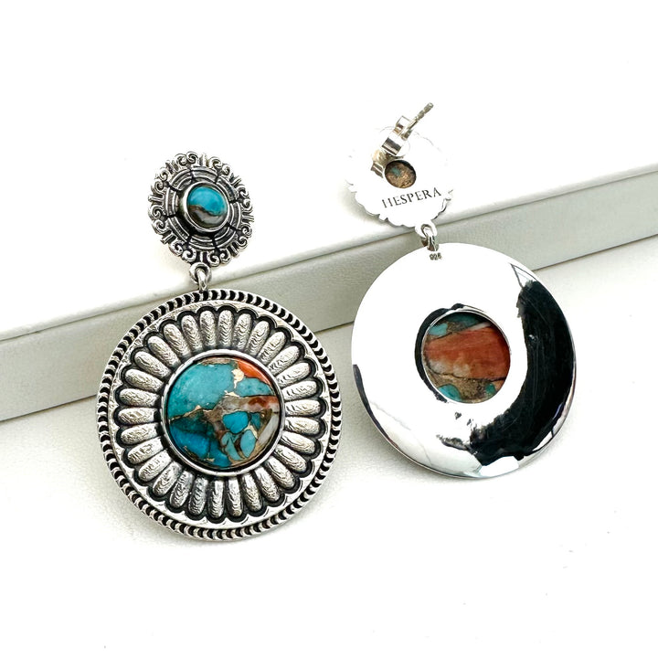 Sacred Sun Dangle Earrings - Spiny Oyster Turquoise