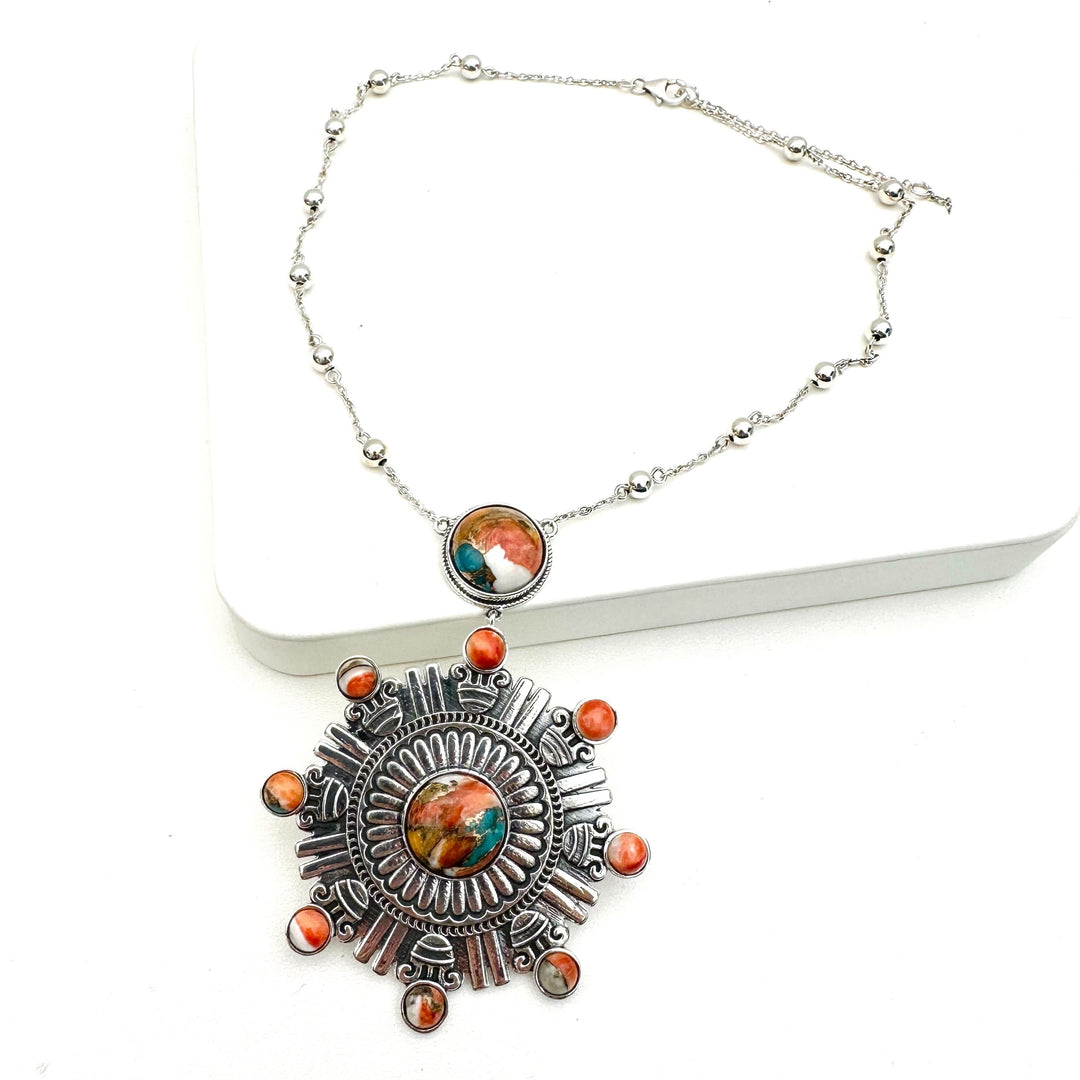Sacred Sun Necklace - Spiny Oyster Turquoise
