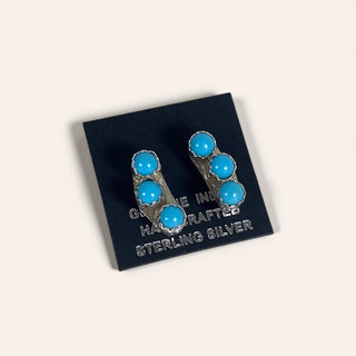 Pair of earrings with turquoise stones on a black card with text
