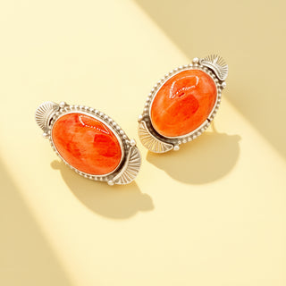Pair of earrings with orange stones and silver frames on a beige background