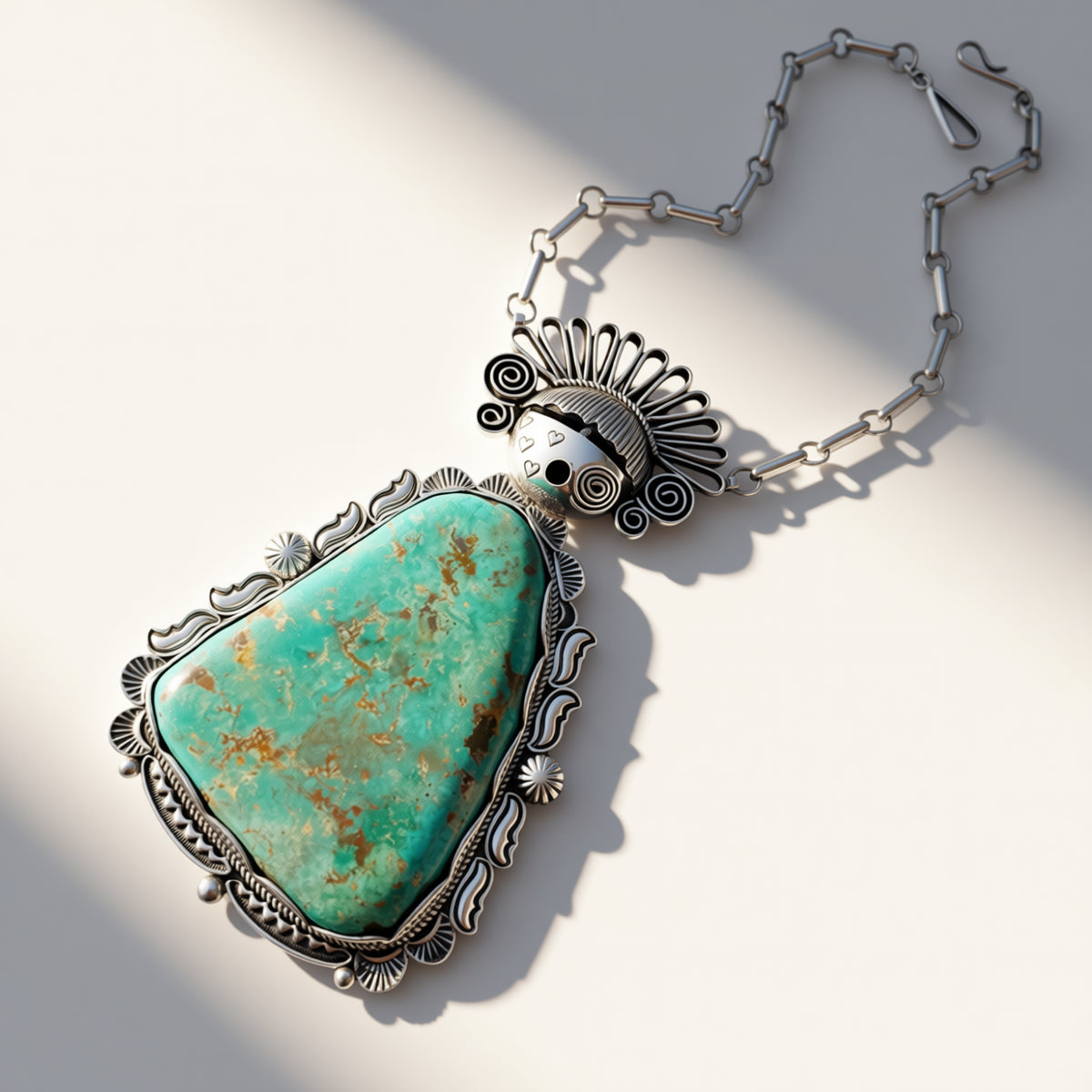 turquoise and silver maiden necklace on a beige background