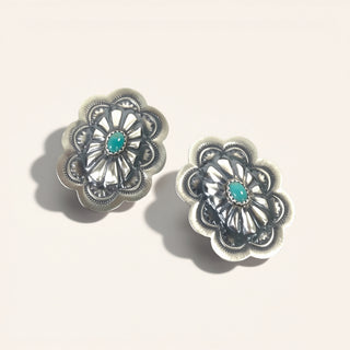 Silver floral earrings with turquoise centers on a white background