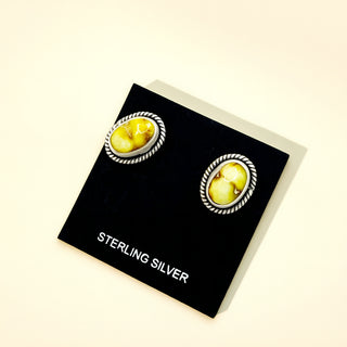 Pair of yellow gemstone earrings on a black card with 'Sterling Silver' text.