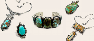 Collection of silver jewelry with turquoise and other stones on a white background