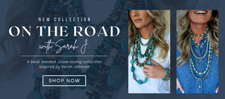 two women wearing necklaces with a blue background and white text