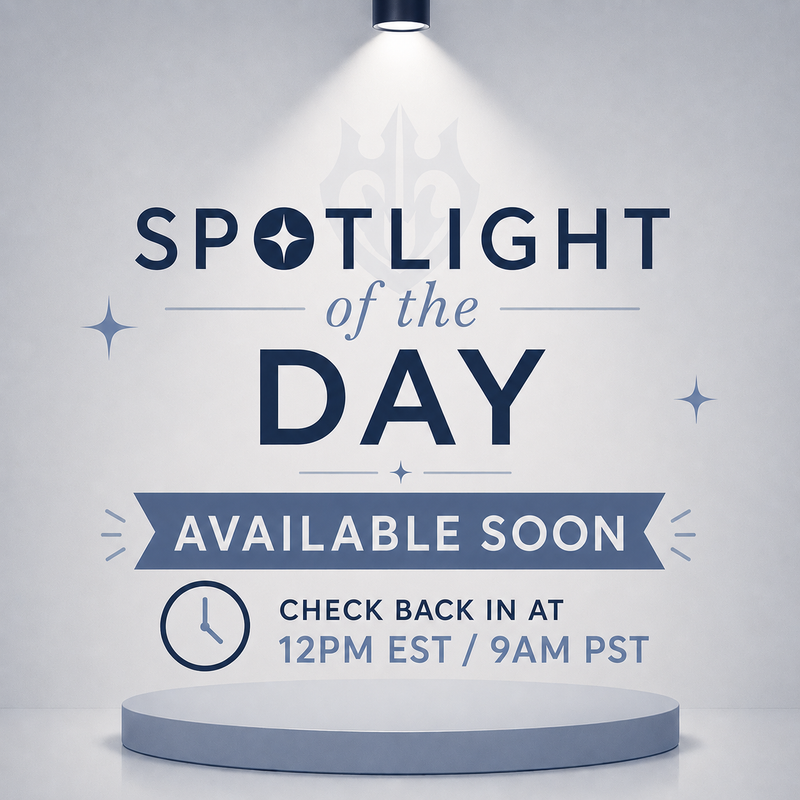 Promotional graphic for 'Spotlight of the Day' event with a stage and spotlight on a light gray background.