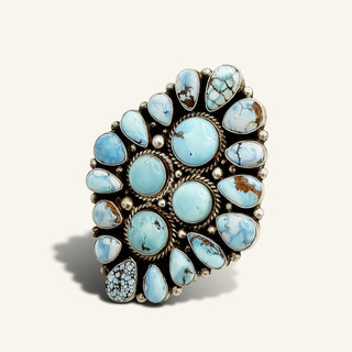 Turquoise stone ring with silver accents on a white background