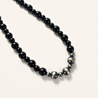 Necklace with black and gray beads on a white background