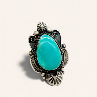 Turquoise stone ring with silver band on a white background